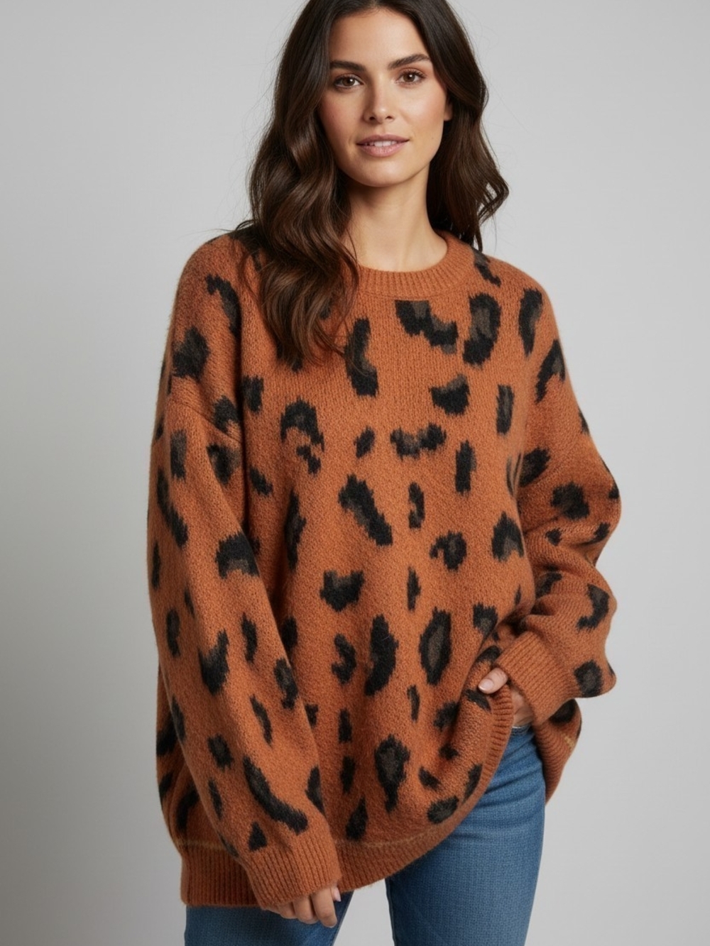 POL Rust Leopard-Print Crewneck Sweater